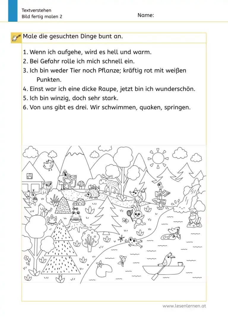 Lesen und Malen Arbeitsblatt 2. Klasse