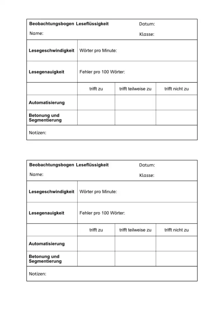 Beobachtungsbogen Leseflüssigkeit