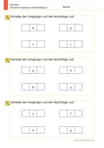 Arbeitsblatt: Alphabet Vorgänger und Nachfolger finden – 1. Klasse Nr. 2