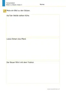 Textverstehen-Arbeitsblatt „Bilder zu Sätzen malen 3“ (1. Klasse): Kinder malen zu drei Sätzen passende Bilder (Kühe auf der Weide, Lukas füttert das Pferd, Bauer fährt Traktor).