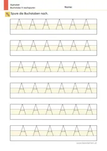 Arbeitsblatt: Buchstabe A nachspuren in mehreren Größen (1. Klasse)