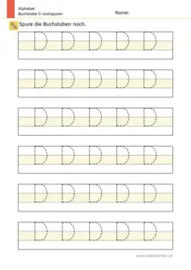 Arbeitsblatt: Buchstabe D nachspuren in mehreren Größen (1. Klasse)