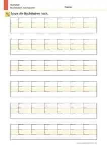 Arbeitsblatt: Buchstabe E nachspuren in mehreren Größen (1. Klasse)