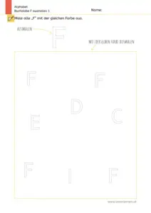 Arbeitsblatt zum Ausmalen und Erkennen des Großbuchstabens F
