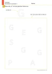 Arbeitsblatt zum Ausmalen und Erkennen des Großbuchstabens G