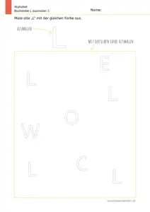 Arbeitsblatt zum Ausmalen und Erkennen des Großbuchstabens L