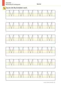 Arbeitsblatt: Buchstabe M nachspuren in mehreren Größen (1. Klasse)