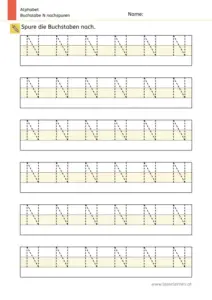 Arbeitsblatt: Buchstabe N nachspuren in mehreren Größen (1. Klasse)