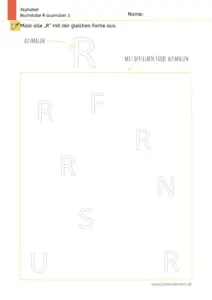 Arbeitsblatt zum Ausmalen und Erkennen des Großbuchstabens R