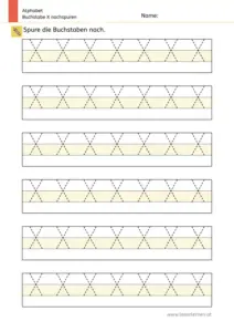 Arbeitsblatt: Buchstabe X nachspuren in mehreren Größen (1. Klasse)