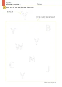 Arbeitsblatt zum Ausmalen und Erkennen des Großbuchstabens Y