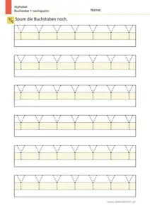Arbeitsblatt: Buchstabe Y nachspuren in mehreren Größen (1. Klasse)