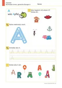 Arbeitsblatt: Gemischte Übungen zum Buchstaben A (Anlaute hören, Schreibrichtung und Nachspuren) - 1. Klasse