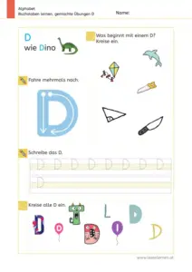 Arbeitsblatt: Gemischte Übungen zum Buchstaben D (Anlaute hören, Schreibrichtung und Nachspuren) - 1. Klasse