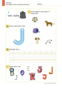 Arbeitsblatt: Gemischte Übungen zum Buchstaben J (Anlaute hören, Schreibrichtung und Nachspuren) - 1. Klasse
