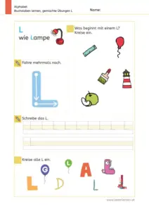 Arbeitsblatt: Gemischte Übungen zum Buchstaben L (Anlaute hören, Schreibrichtung und Nachspuren) - 1. Klasse