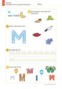 Arbeitsblatt: Gemischte Übungen zum Buchstaben M (Anlaute hören, Schreibrichtung und Nachspuren) - 1. Klasse