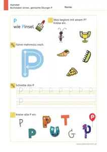 Arbeitsblatt: Gemischte Übungen zum Buchstaben P (Anlaute hören, Schreibrichtung und Nachspuren) - 1. Klasse