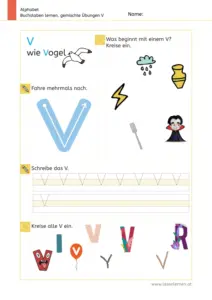 Arbeitsblatt: Gemischte Übungen zum Buchstaben V (Anlaute hören, Schreibrichtung und Nachspuren) - 1. Klasse
