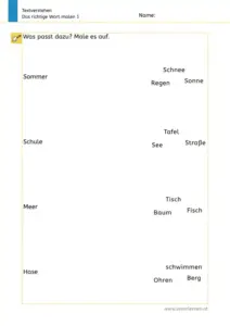 Arbeitsblatt: Textverstehen - Wörter lesen und passende Bilder dazu malen (1. Klasse), Nr. 1