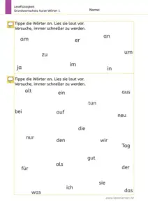 Arbeitsblatt „Leseflüssigkeit – Grundwortschatz kurze Wörter 1“ (1. Klasse): Kinder tippen sehr kurze häufige Wörter an und lesen sie laut (z. B. am, zu, im, in; ein, auf, wir, der, das), um Automatisierung und Leseflüssigkeit zu üben.
