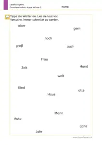 Arbeitsblatt „Leseflüssigkeit – Grundwortschatz kurze Wörter 2“ (1. Klasse): Kinder tippen kurze häufige Wörter an und lesen sie laut, um schneller und flüssiger zu werden.