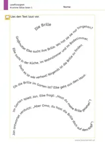 Arbeitsblatt „Leseflüssigkeit – Krumme Sätze lesen 1“ (1. Klasse): Kinder lesen einen kurzen Text („Die Brille“) laut vor; die Sätze sind gebogen/kreisförmig angeordnet, um Blicksprünge und flüssiges Lesen zu üben.