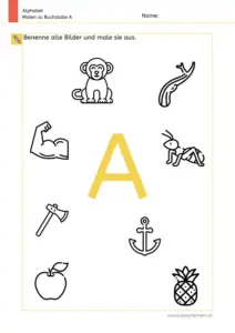 Arbeitsblatt: Buchstabe A – Bildern benennen und ausmalen
