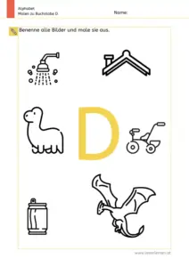Arbeitsblatt: Buchstabe D – Bildern benennen und ausmalen