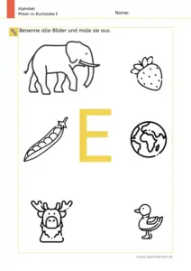 Arbeitsblatt: Buchstabe E – Bildern benennen und ausmalen