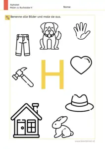 Arbeitsblatt: Buchstabe H – Bildern benennen und ausmalen