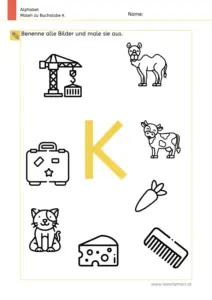Arbeitsblatt: Buchstabe K – Bildern benennen und ausmalen