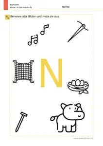 Arbeitsblatt: Buchstabe N – Bildern benennen und ausmalen