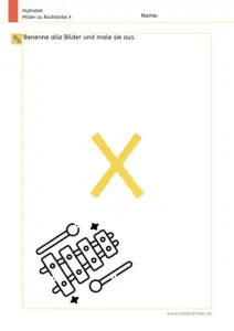 Arbeitsblatt: Buchstabe X – Bildern benennen und ausmalen
