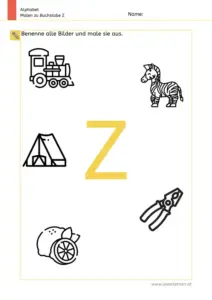 Arbeitsblatt: Buchstabe Z – Bildern benennen und ausmalen