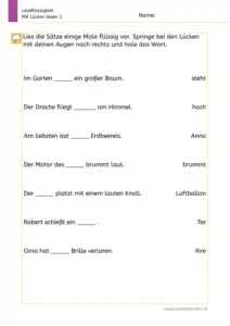 Arbeitsblatt „Leseflüssigkeit – Mit Lücken lesen 1“ (1. Klasse): Sätze mehrmals flüssig lesen und fehlende Wörter aus der rechten Spalte in die Lücken einsetzen (z. B. steht, hoch, Anna, Luftballon).