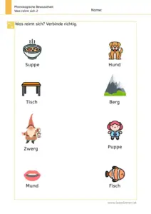 Arbeitsblatt: Was reimt sich? - Reimwörter verbinden zur Förderung der phonologischen Bewusstheit in der Vorschule Nr. 2