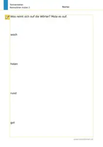 Arbeitsblatt: Textverstehen und Reimen - Wörter lesen und passende Reimwörter dazu malen (1. Klasse), Nr. 2