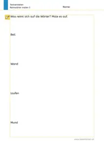 Arbeitsblatt: Textverstehen und Reimen - Wörter lesen und passende Reimwörter dazu malen (1. Klasse), Nr. 3