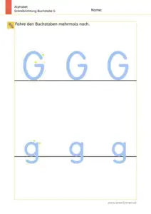 Arbeitsblatt: Schreibrichtung üben - Groß- und Kleinbuchstabe G und g im Vergleich