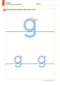 Arbeitsblatt: Schreibrichtung üben - Kleinbuchstabe g mit Pfeilen zum Nachspuren
