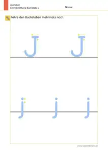 Arbeitsblatt: Schreibrichtung üben - Groß- und Kleinbuchstabe J und j im Vergleich