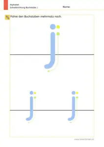 Arbeitsblatt: Schreibrichtung üben - Kleinbuchstabe j mit Pfeilen zum Nachspuren
