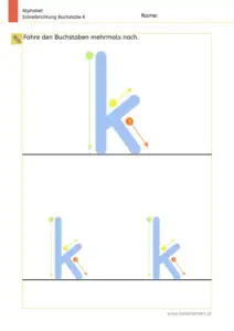 Arbeitsblatt: Schreibrichtung üben - Kleinbuchstabe k mit Pfeilen zum Nachspuren