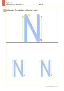 Arbeitsblatt: Schreibrichtung üben - Großbuchstabe N mit Pfeilen zum Nachspuren