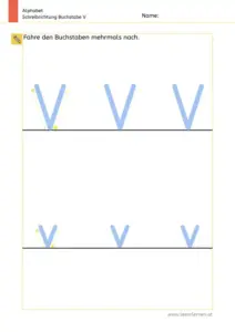 Arbeitsblatt: Schreibrichtung üben - Groß- und Kleinbuchstabe V und v im Vergleich