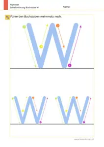 Arbeitsblatt: Schreibrichtung üben - Großbuchstabe W mit Pfeilen zum Nachspuren