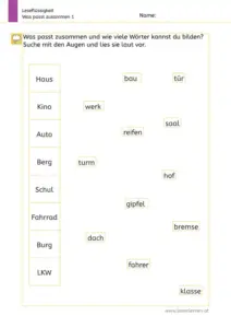Arbeitsblatt „Leseflüssigkeit – Was passt zusammen 1“ (1. Klasse): Kinder verbinden Wortanfänge links mit passenden Wortteilen im Feld und bilden zusammengesetzte Wörter (z. B. Haus+tür, Auto+reifen, Berg+gipfel).