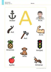 Arbeitsblatt „Wörter mit A“: großer Buchstabe A mit Wort-Bild-Karten (Anker, Arzt, Ast, Arm, Axt, Ananas, Affe, Ampel, Apfel, Ameise).