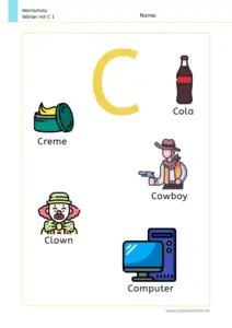 Arbeitsblatt Wortschatz: Wörter mit Buchstabe C mit Bildern kennenlernen – 1. Klasse